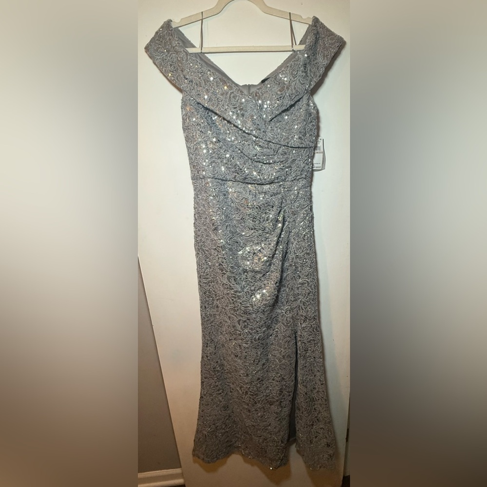 Alex Evenings Silver Off-Shoulder Lace Evening Gown